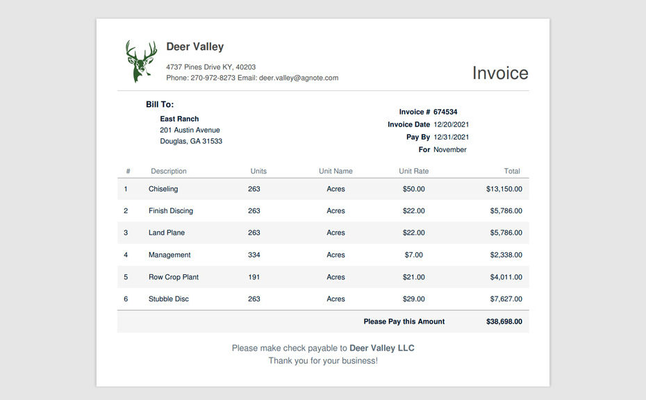 Generated Invoice in AgNote