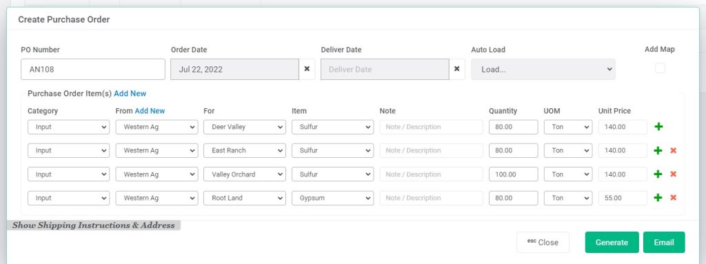 Screenshot of Purchase Order creation form in AgNote