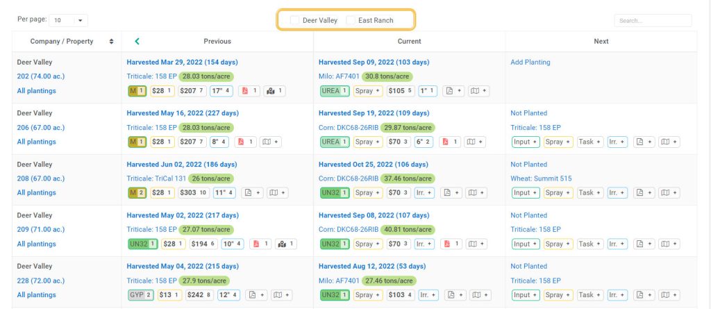 Quick filter in AgNote's management areas