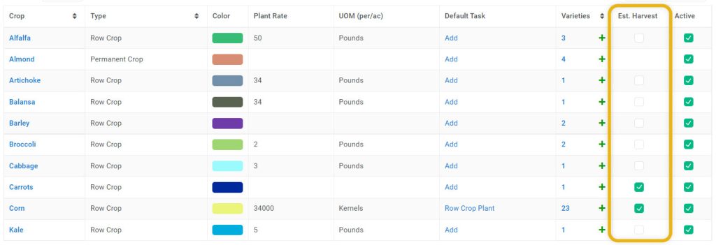 AgNote's screenshot where user can select crops for which to display estimated harvest date