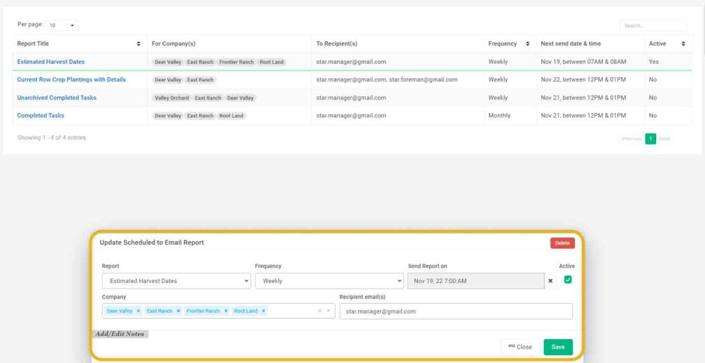 Add or Edit details for scheduled report in AgNote