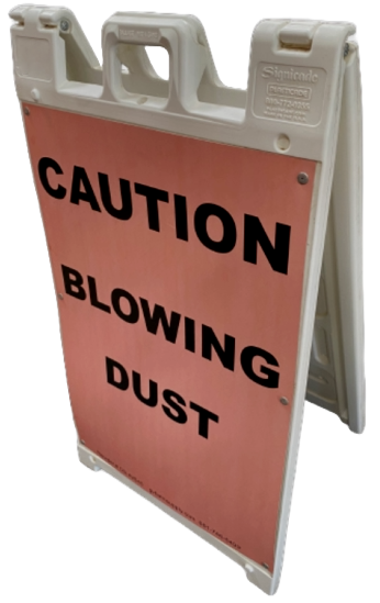 Almond harvest dust control sign for blowing dust